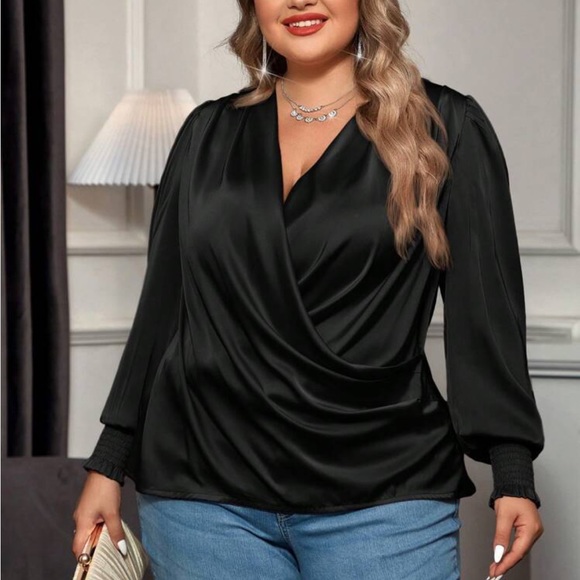 Luxe hot pink bishop sleeve surplice neck shirred cuff blouse - Picture 9 of 16